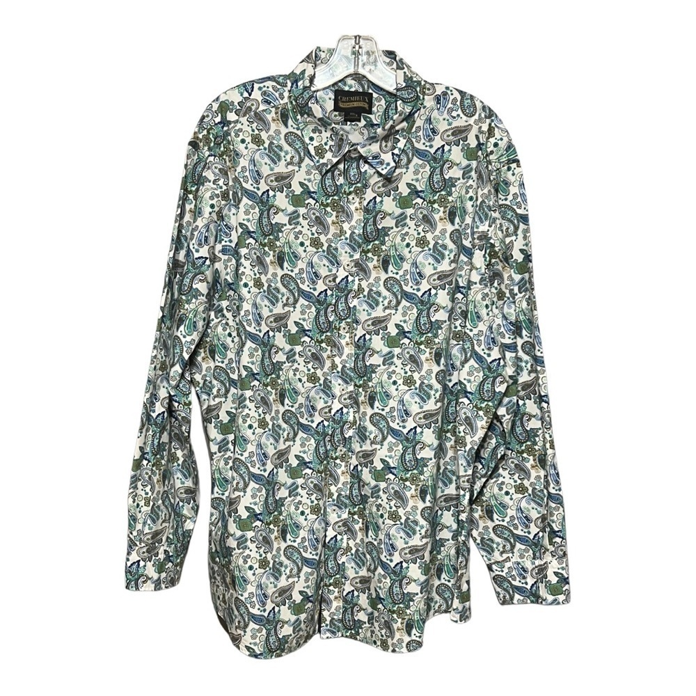 Cremieux Paisley Denim Flip Cuff Button Down Shirt White & Green Men’s XXL